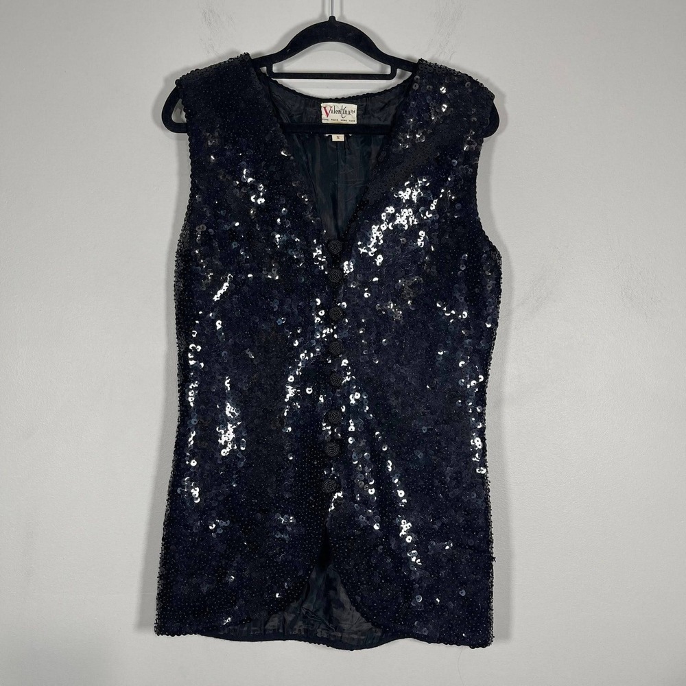 VTG 60s Valentina Sequin Vest Wms Small Wool Backing Beaded Buttons Cocktail